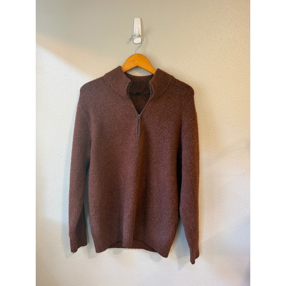 Uniqlo Quarter Zip Sweater Mens Med Brown Wool Blend Heathered Mock Neck Winter